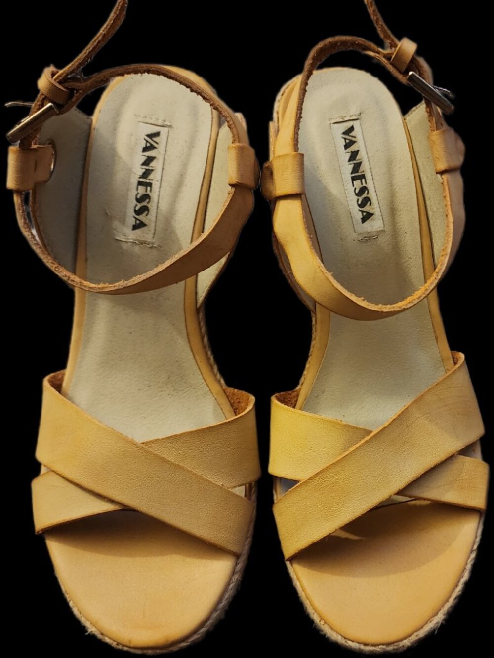 Vannessa "Bella-2" Tan Leather Cork Wedge Espadrille Sandals - Size 6